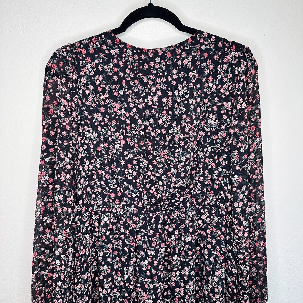 Skies Are Blue Black Floral Long Puff Sleeve Low Cut Button Front Midi Dress Lg - Picture 9 of 13
